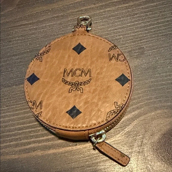 MCM Cognac Visetos Round Zip Pouch with Iconic MCM Logo Print, Like New - Picture 3 of 6